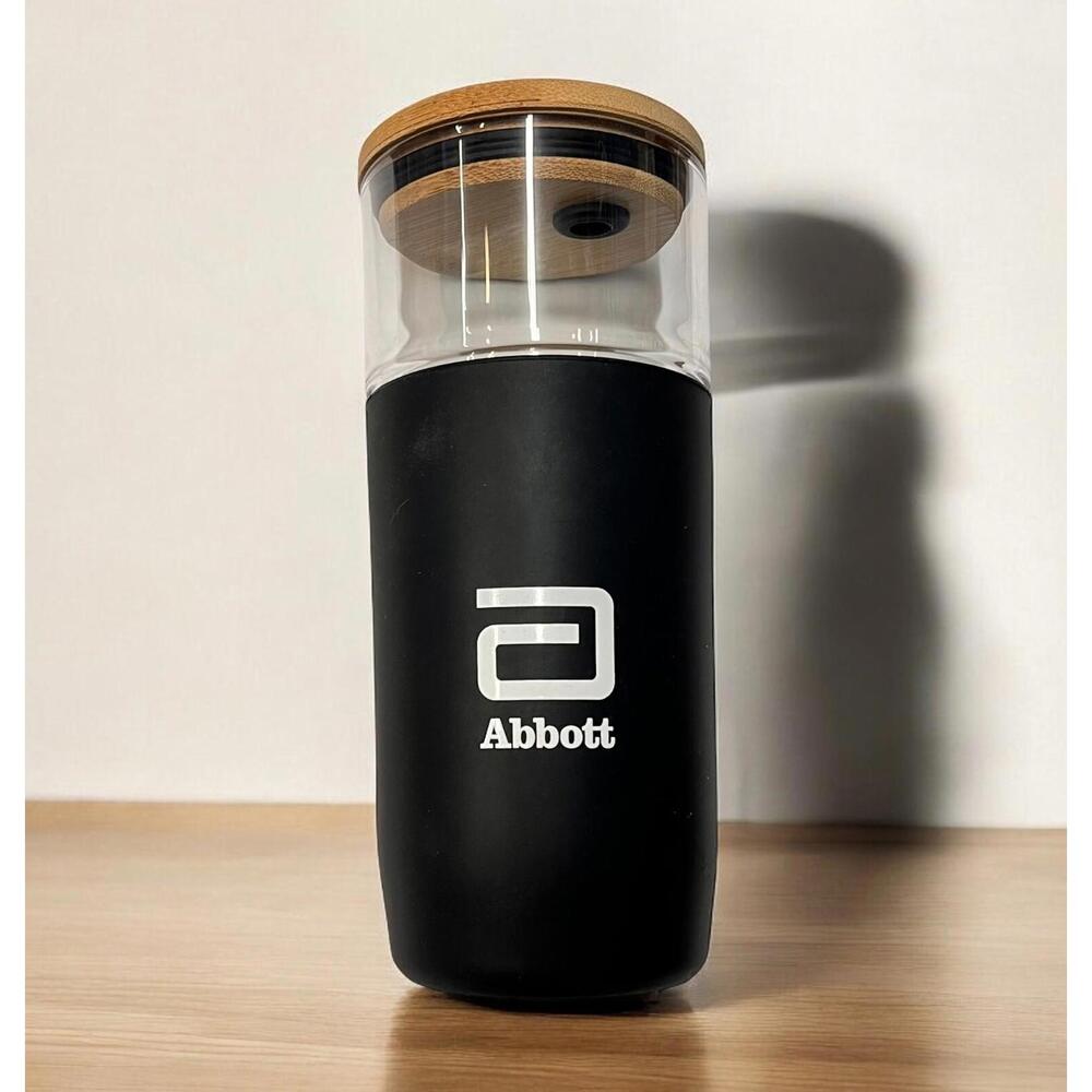 Glass Tumbler with Black Silicone Protective Sleeve and‎ Bamboo Lid, Abbott Logo